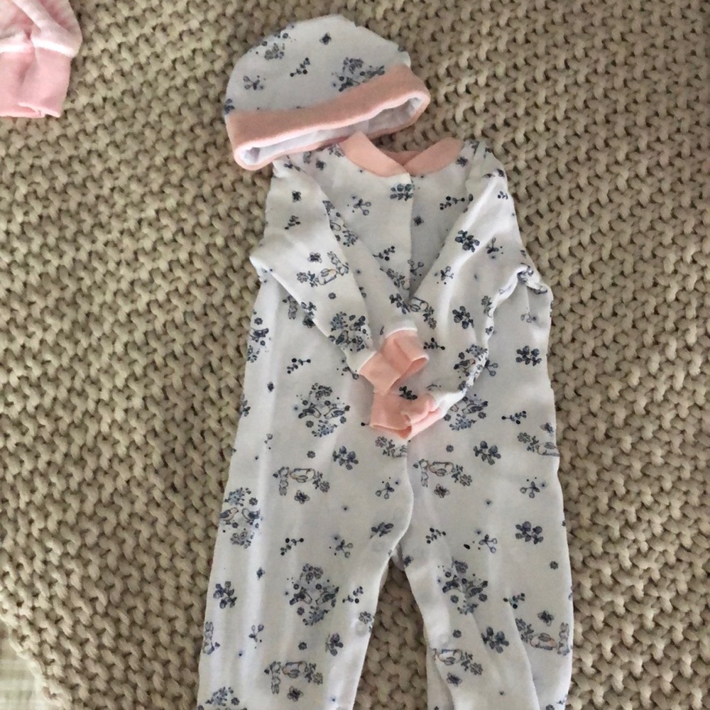 Button front pajamas with matching hat.